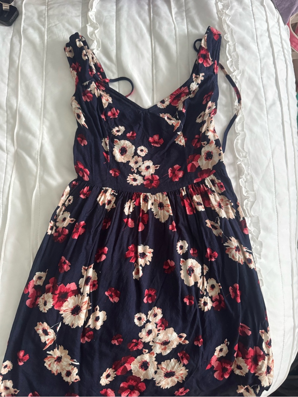 Hollister Navy Floral Tank Dress with Cream and Red Blooms